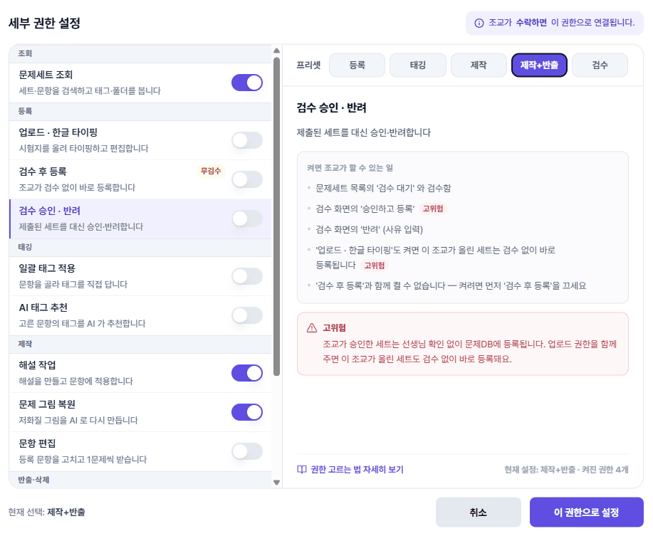 세부 권한 설정 창 — 프리셋 5종, 왼쪽 권한 스위치, 오른쪽 권한 상세와 고위험·크레딧 사용 표시