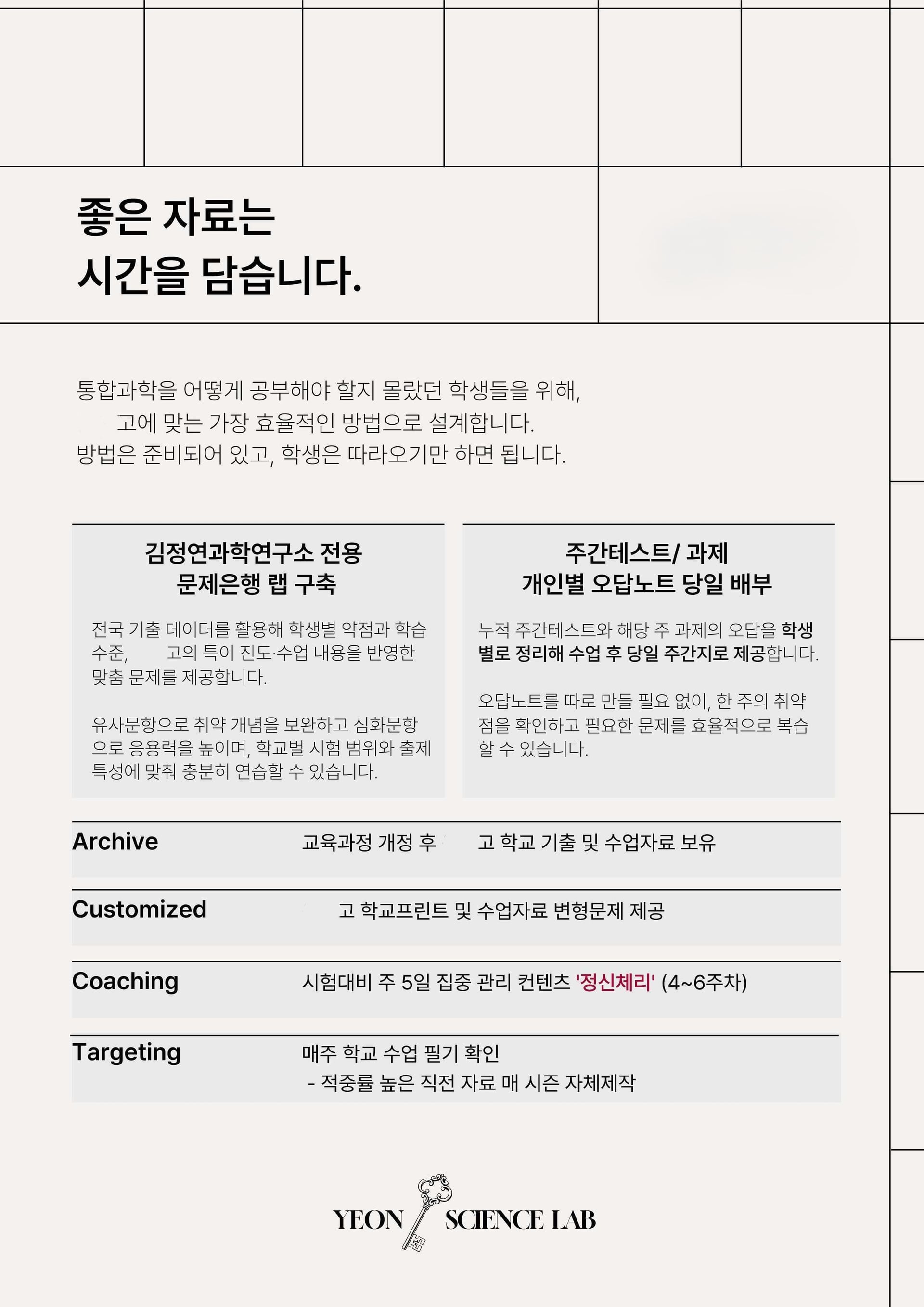좋은 자료는 시간을 담습니다 — 전용 문제은행 랩 구축, 개인별 오답노트, 시험 대비 집중 관리 콘텐츠 '정신체리'를 소개하는 김정연 선생님 수업 관리 포스터